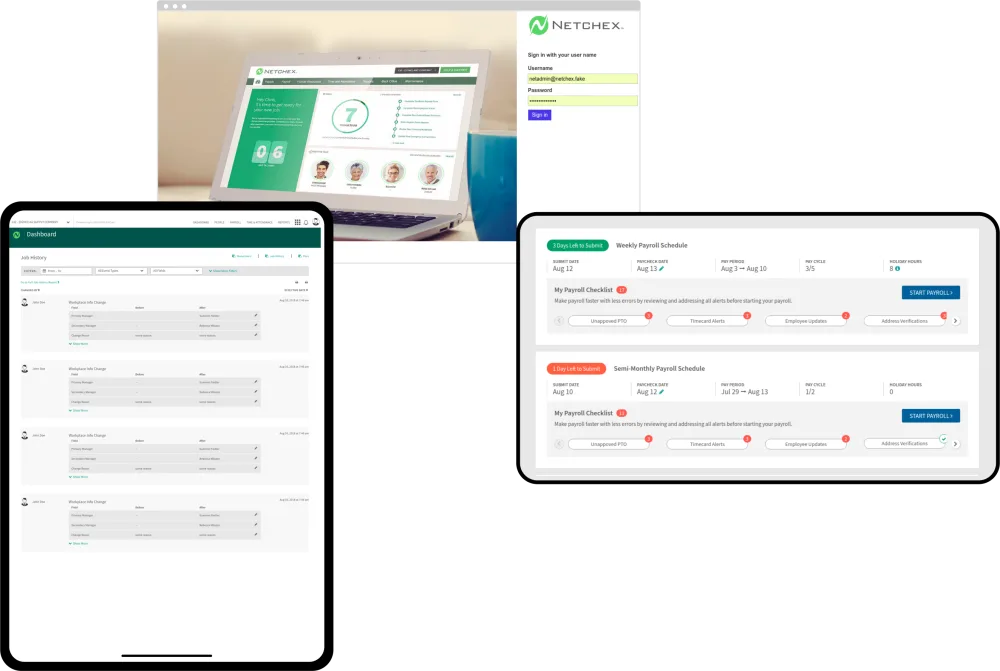 Archived Netchex project material showing HR and payroll interfaces across desktop and mobile